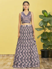 Blue Printed Net Lehenga Choli