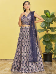 Blue Printed Net Lehenga Choli