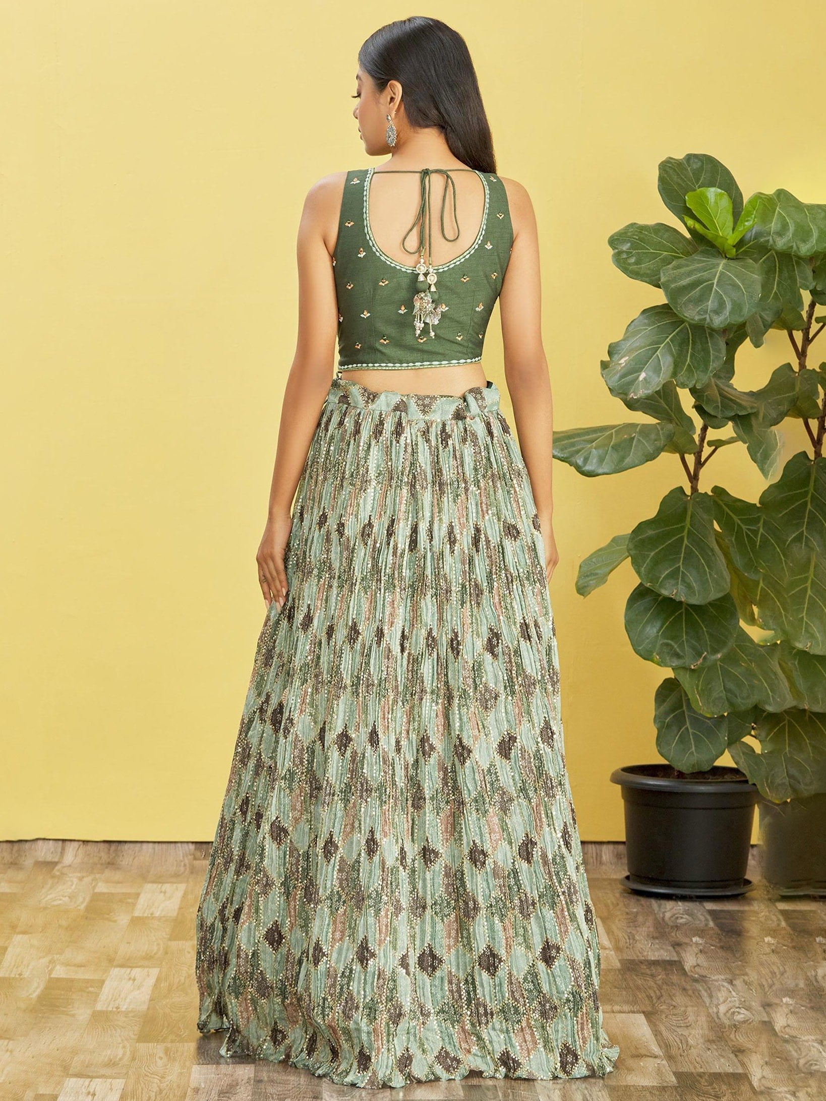 Green Printed Net Lehenga Choli