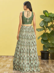 Green Printed Net Lehenga Choli