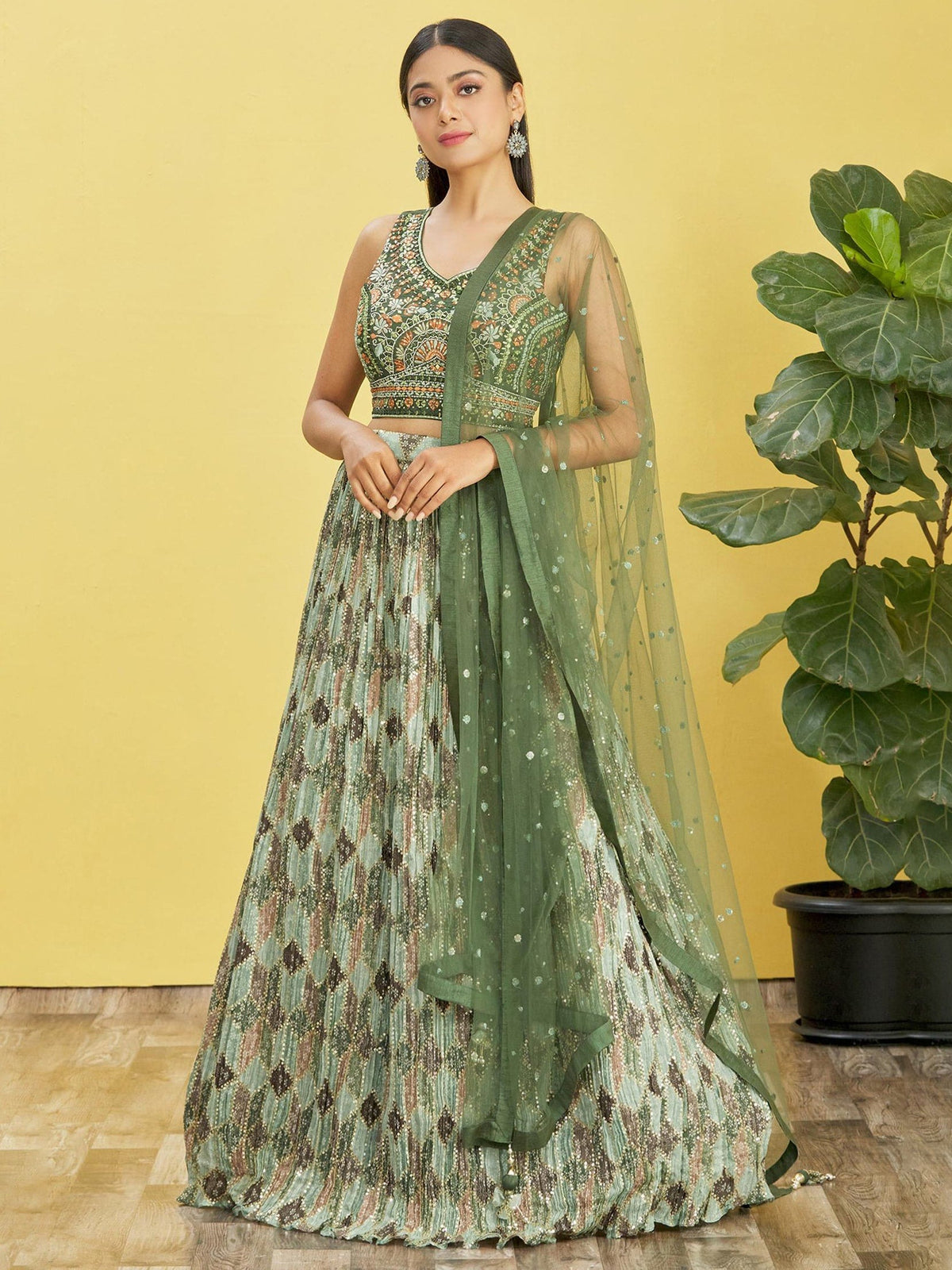 Green Printed Net Lehenga Choli