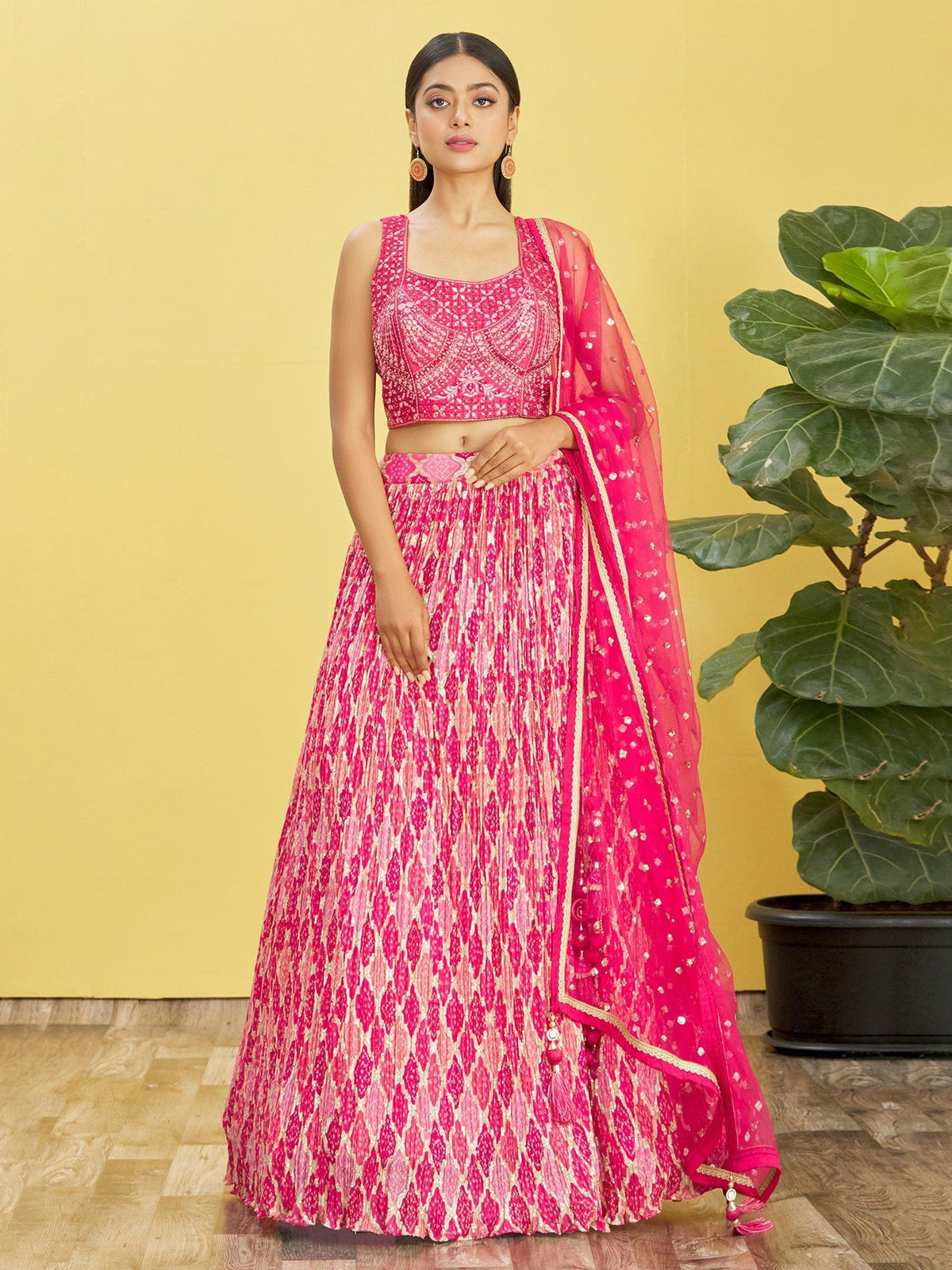 Baby Pink Printed Net Lehenga Choli