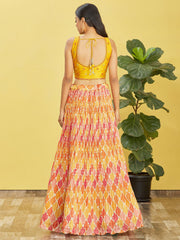 Yellow Printed Net Lehenga Choli