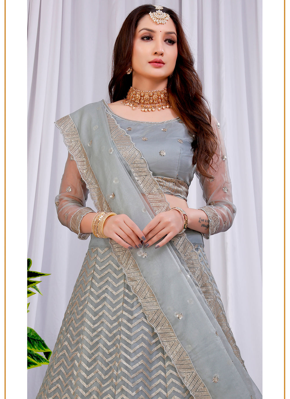 Grey Sequins Embroidered Bitterfly Net Lehenga Choli