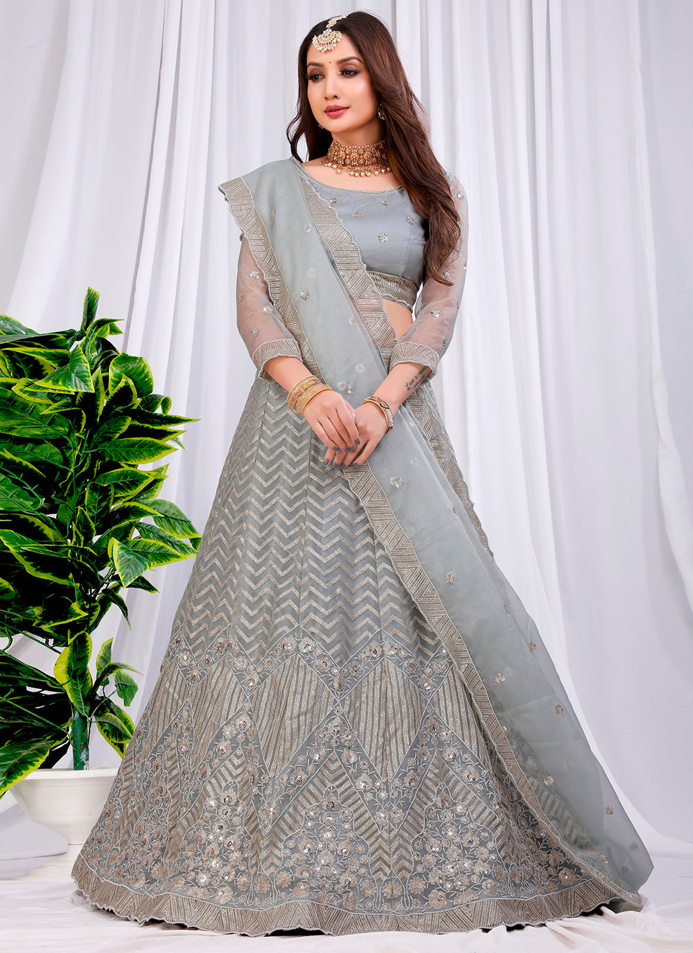 Grey Sequins Embroidered Bitterfly Net Lehenga Choli