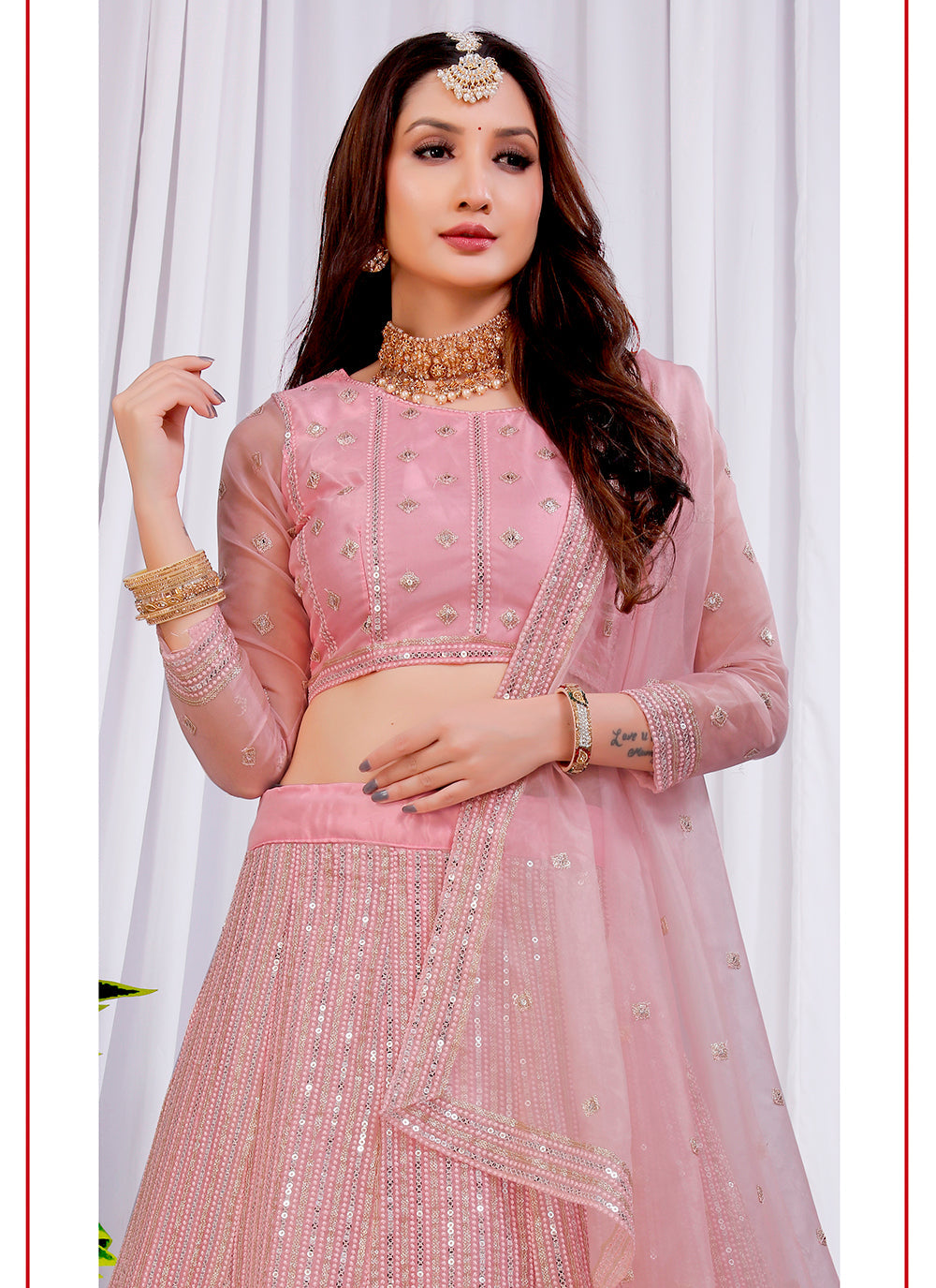 Pink Sequins Embroidered Bitterfly Net Lehenga Choli