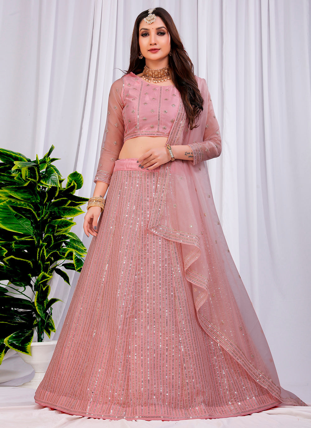 Pink Sequins Embroidered Bitterfly Net Lehenga Choli