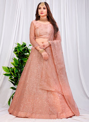 Peach Sequins Embroidered Bitterfly Net Lehenga Choli