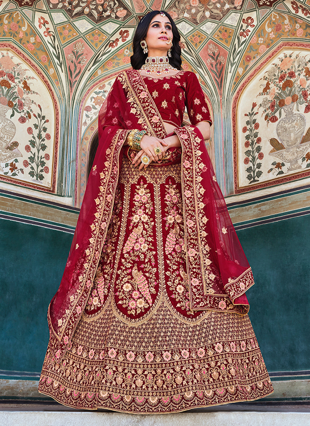 Cherry Red Coding Sequins Embroidered Net Lehenga Choli