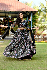 Black Printed Faux Georgette Lehenga Choli