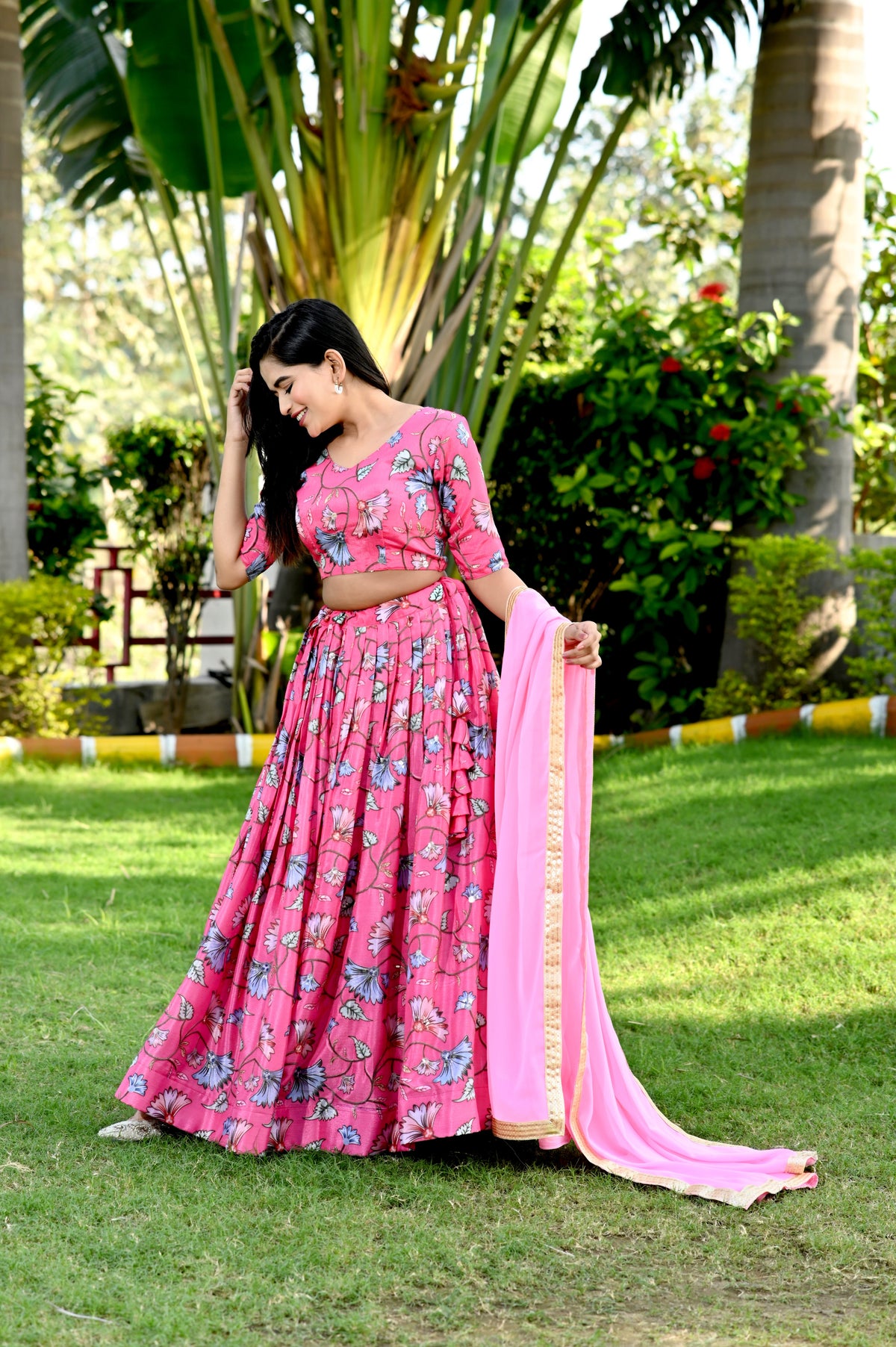 Pink Printed Faux Georgette Lehenga Choli