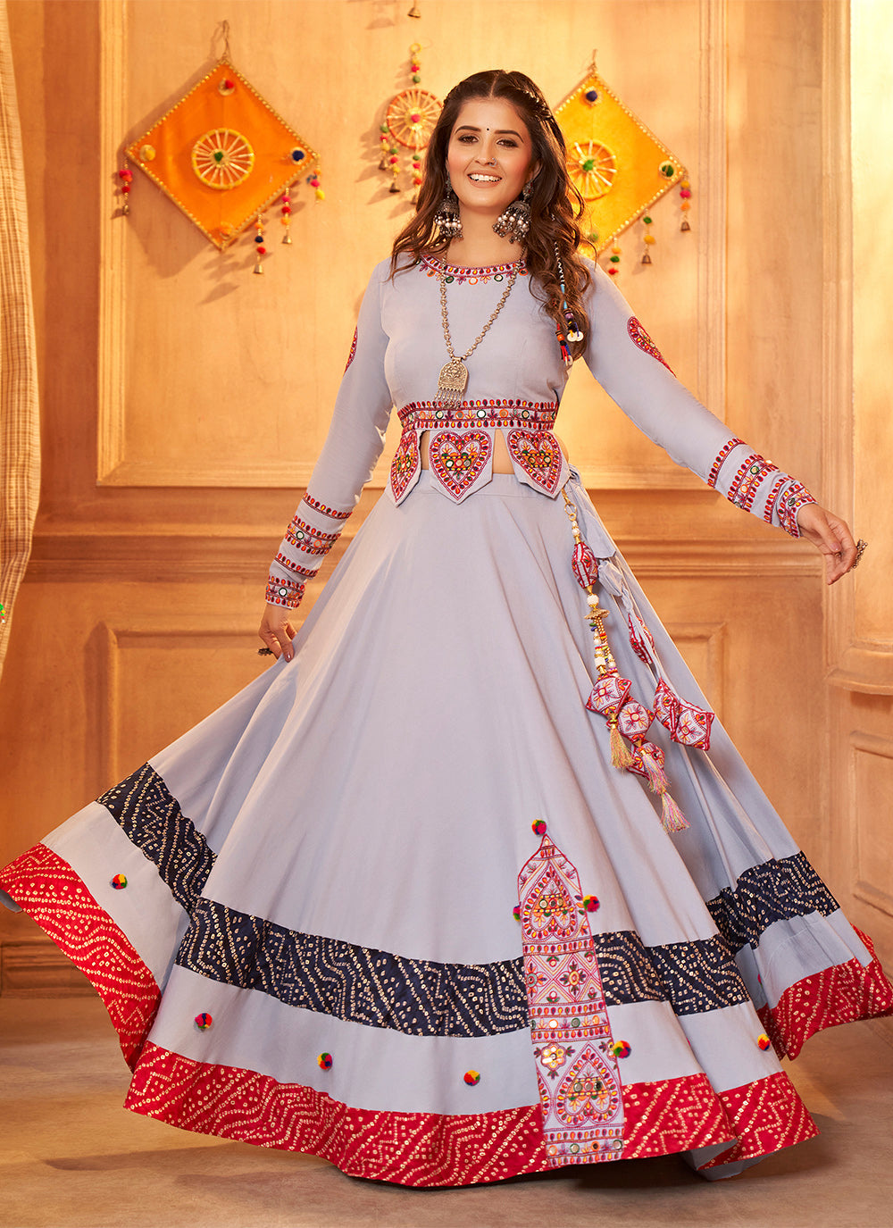 Sky Blue Thread Embroidered Navratri Lehenga Choli