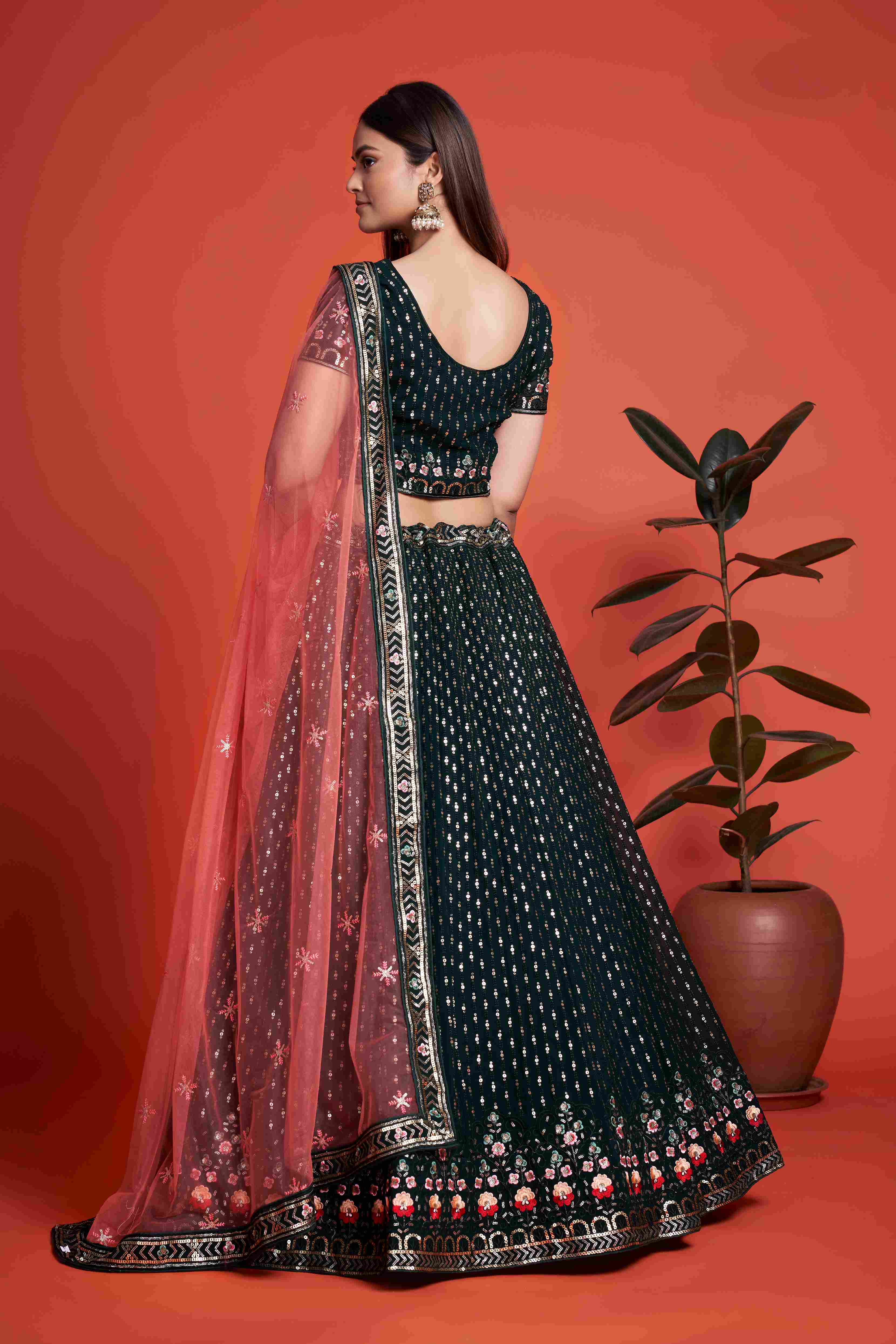 Green Sequins Embroidered Net Lehenga Choli