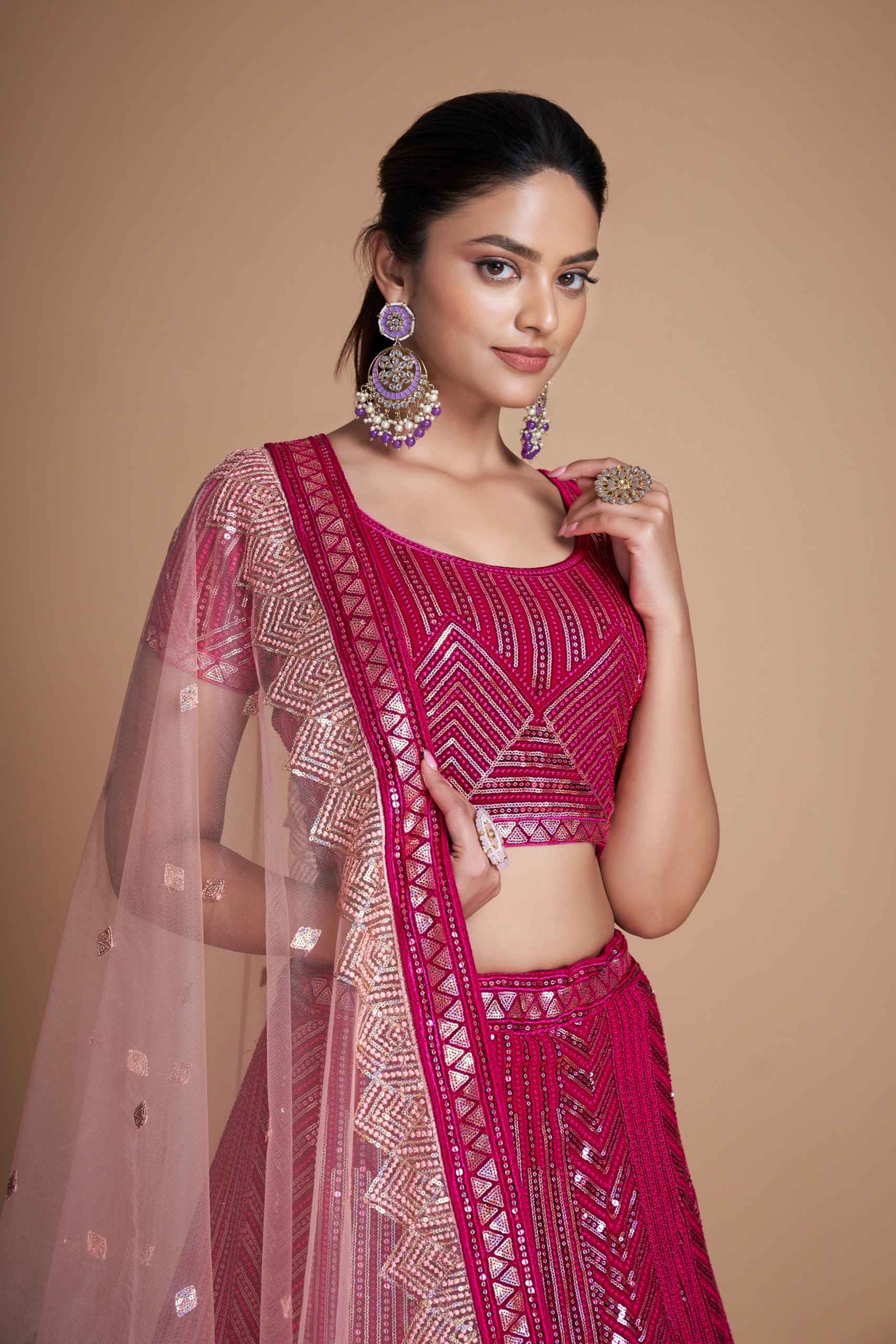 Magenta Pink Sequins Embroidered Net Lehenga Choli