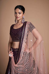 Wine Sequins Embroidered Net Lehenga Choli