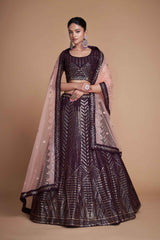 Wine Sequins Embroidered Net Lehenga Choli