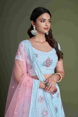 Sky Blue Sequins Embroidered Net Lehenga Choli