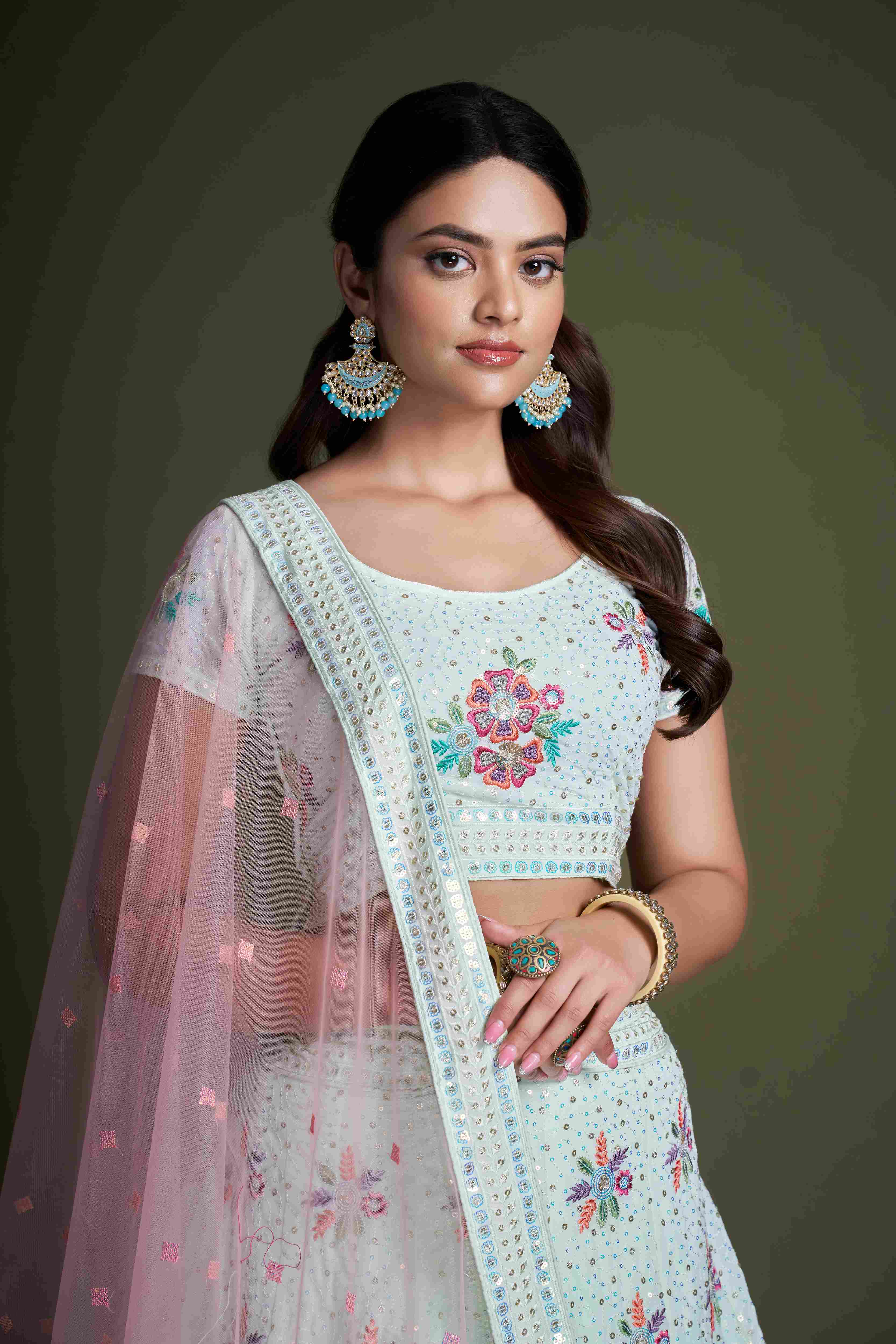 Turquoise Sequins Embroidered Net Lehenga Choli