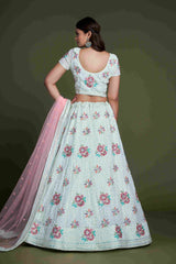 Turquoise Sequins Embroidered Net Lehenga Choli