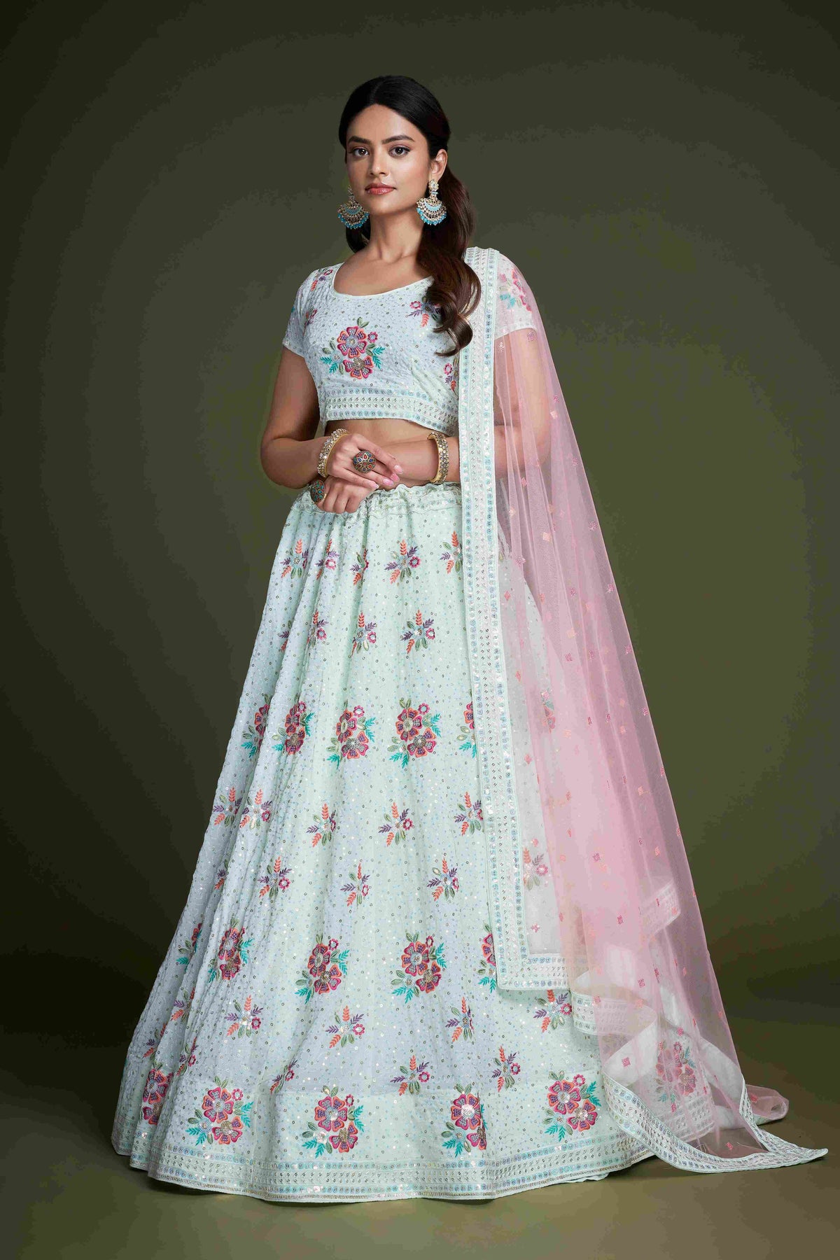 Turquoise Sequins Embroidered Net Lehenga Choli