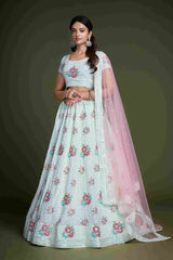 Turquoise Sequins Embroidered Net Lehenga Choli