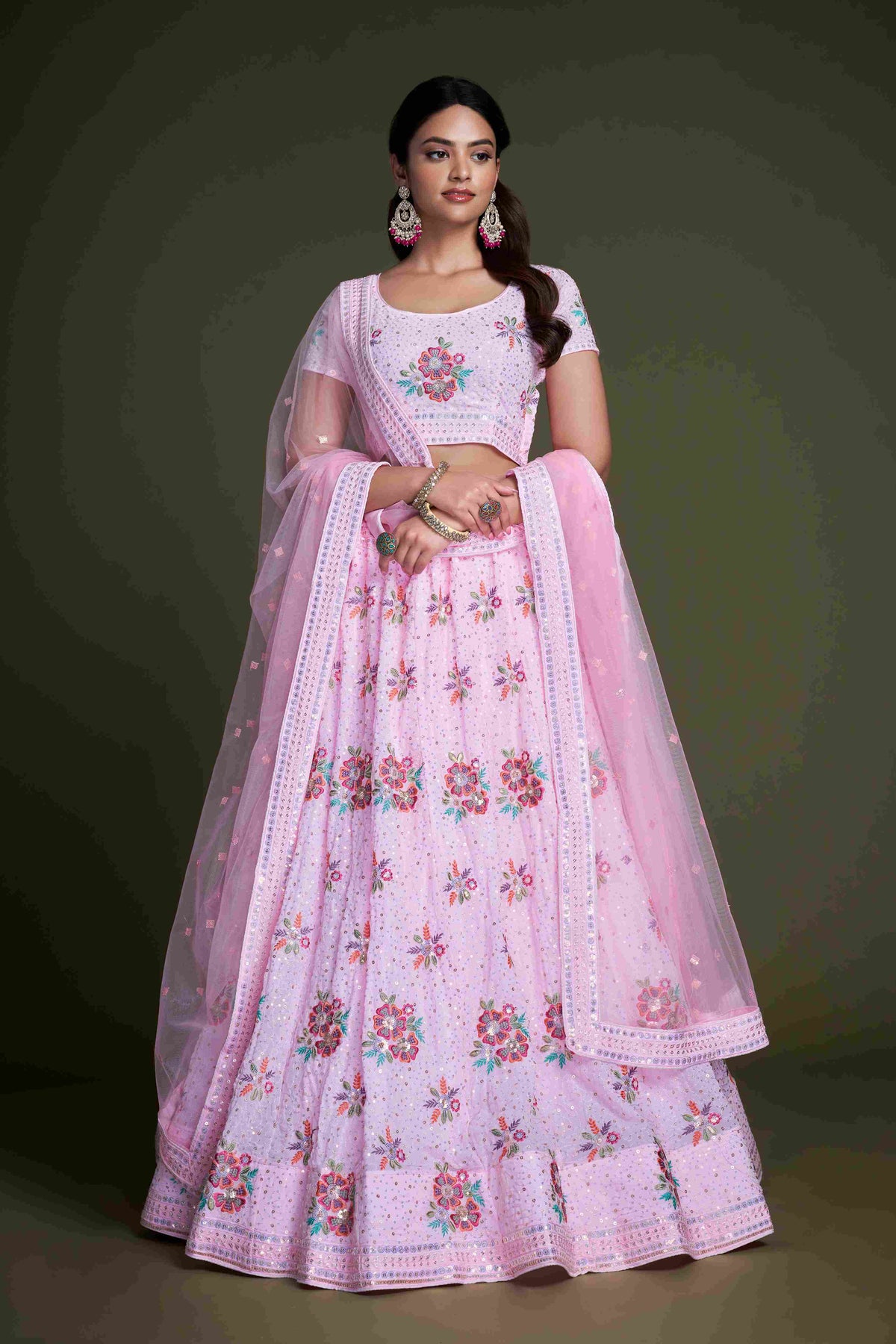 Pink Sequins Embroidered Net Lehenga Choli