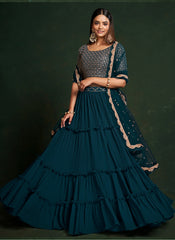 Teal Blue Sequins Embroidered Net Lehenga Choli