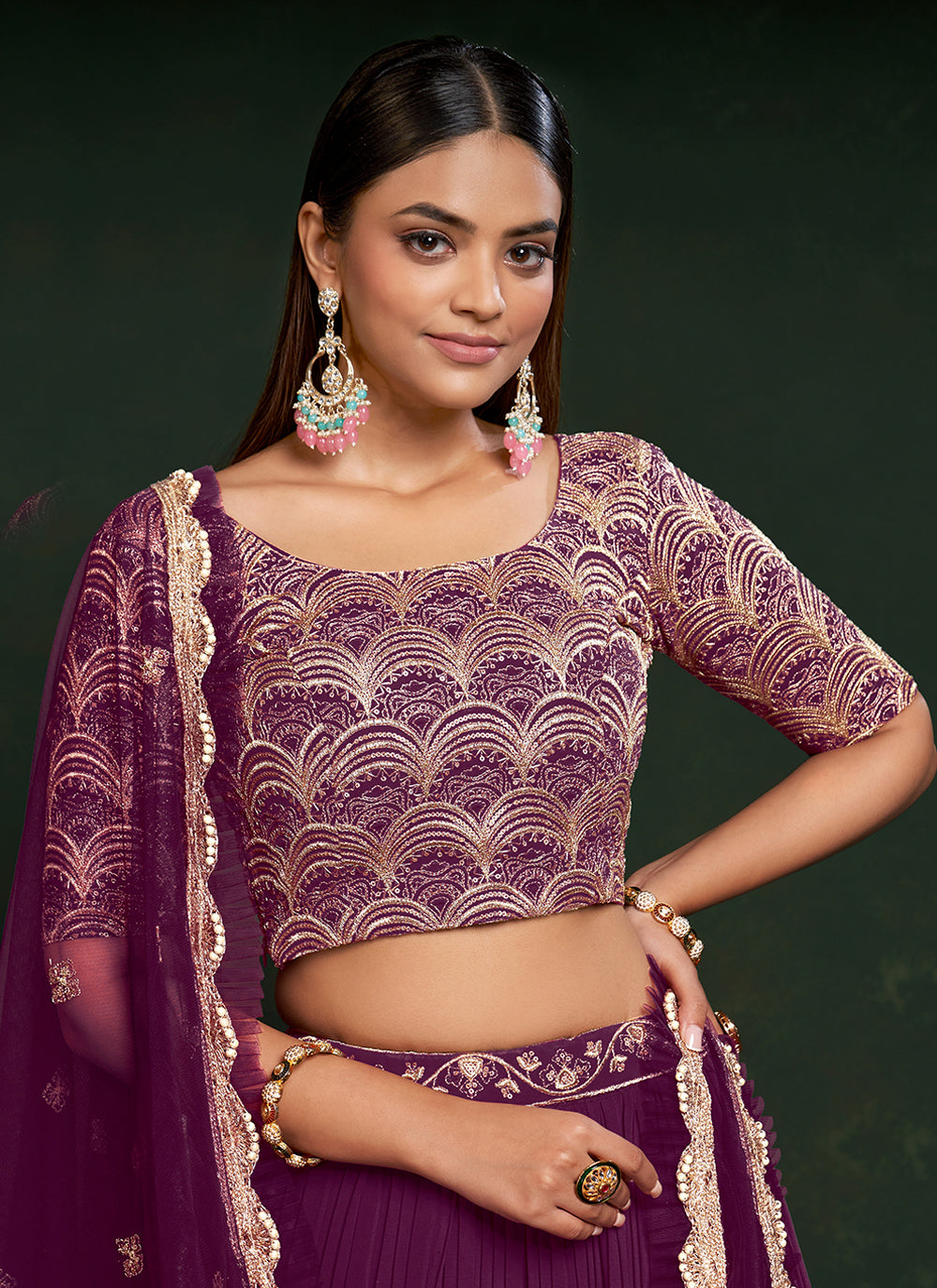 Purple Sequins Embroidered Net Lehenga Choli