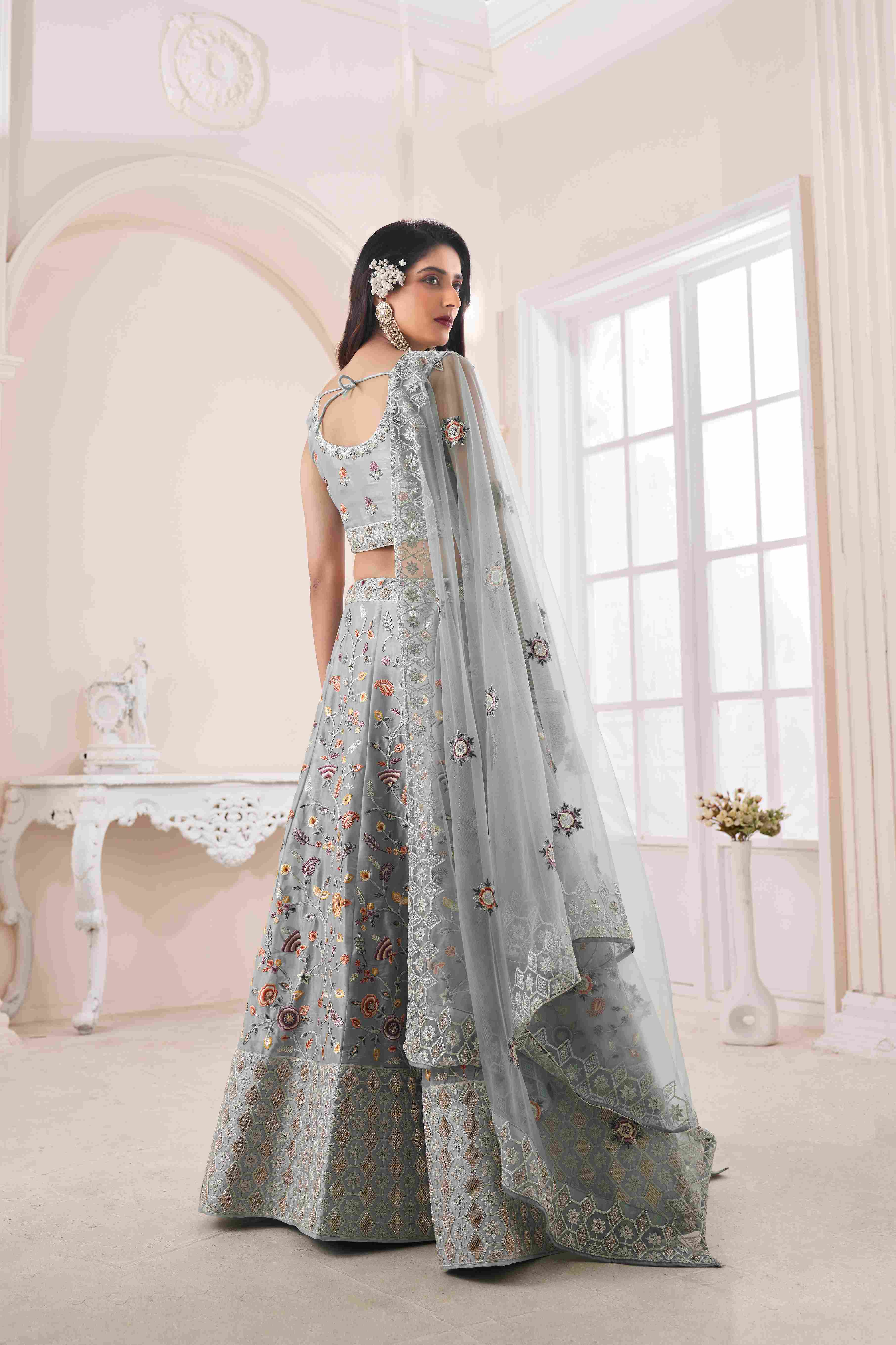 Grey Thread Embroidered Net Lehenga Choli