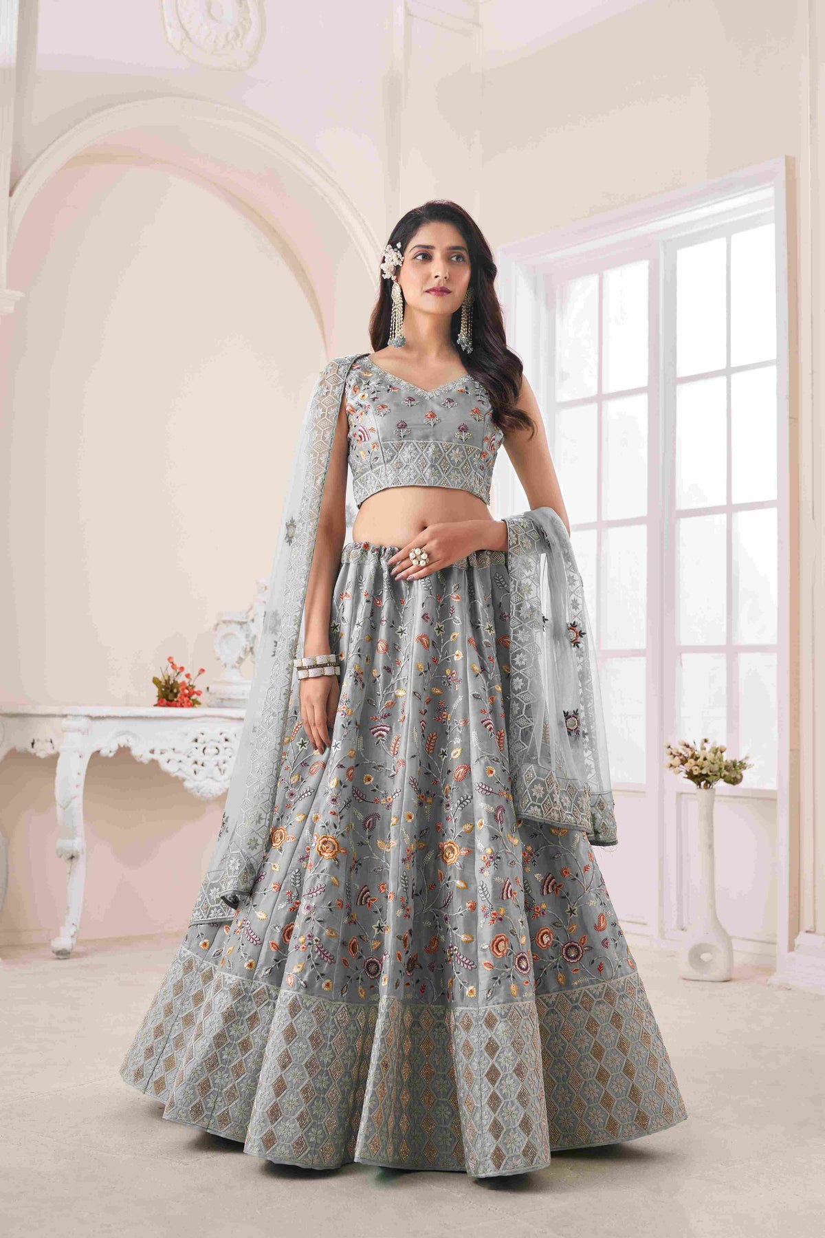 Grey Thread Embroidered Net Lehenga Choli