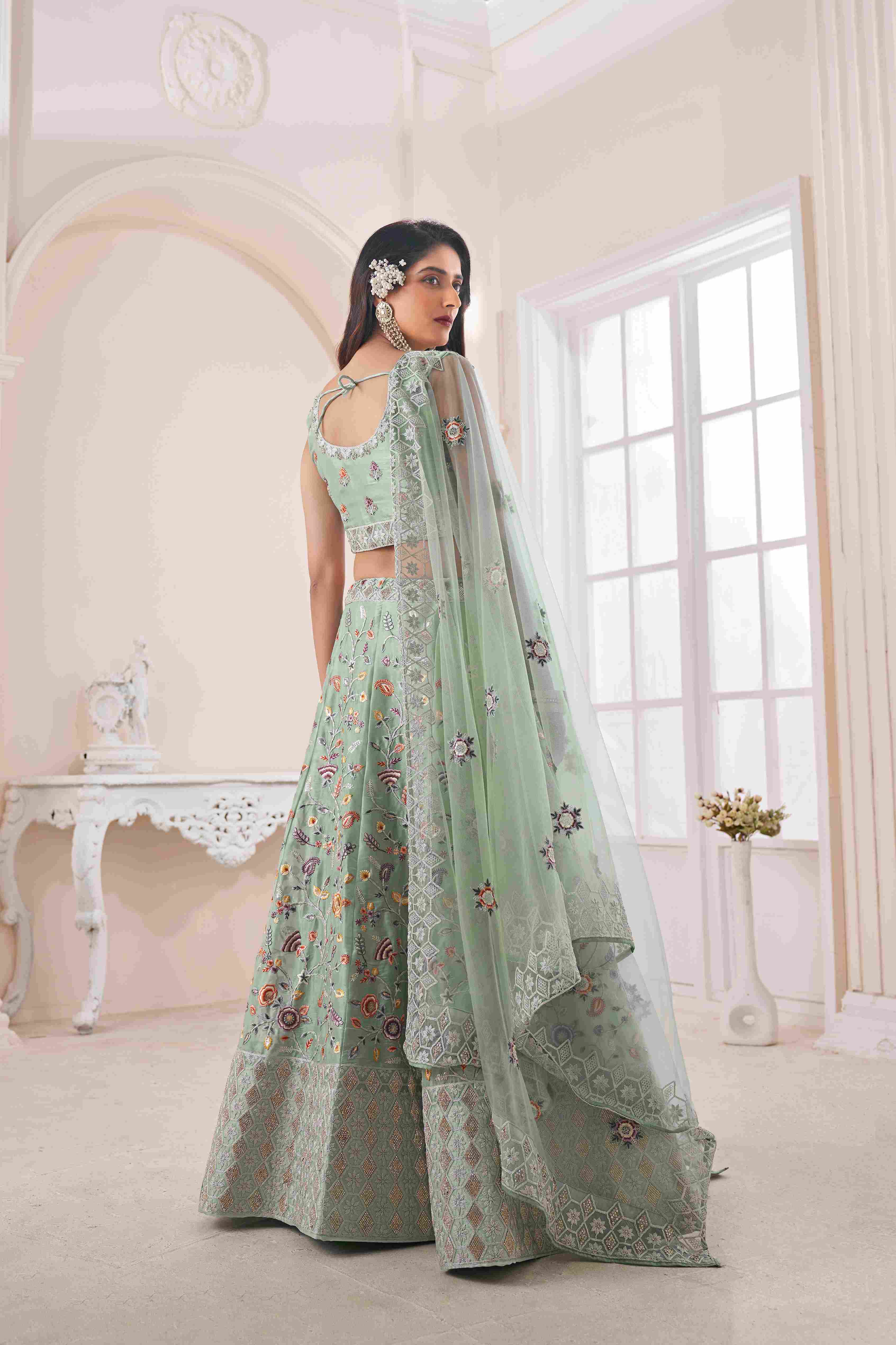 Green Thread Embroidered Net Lehenga Choli