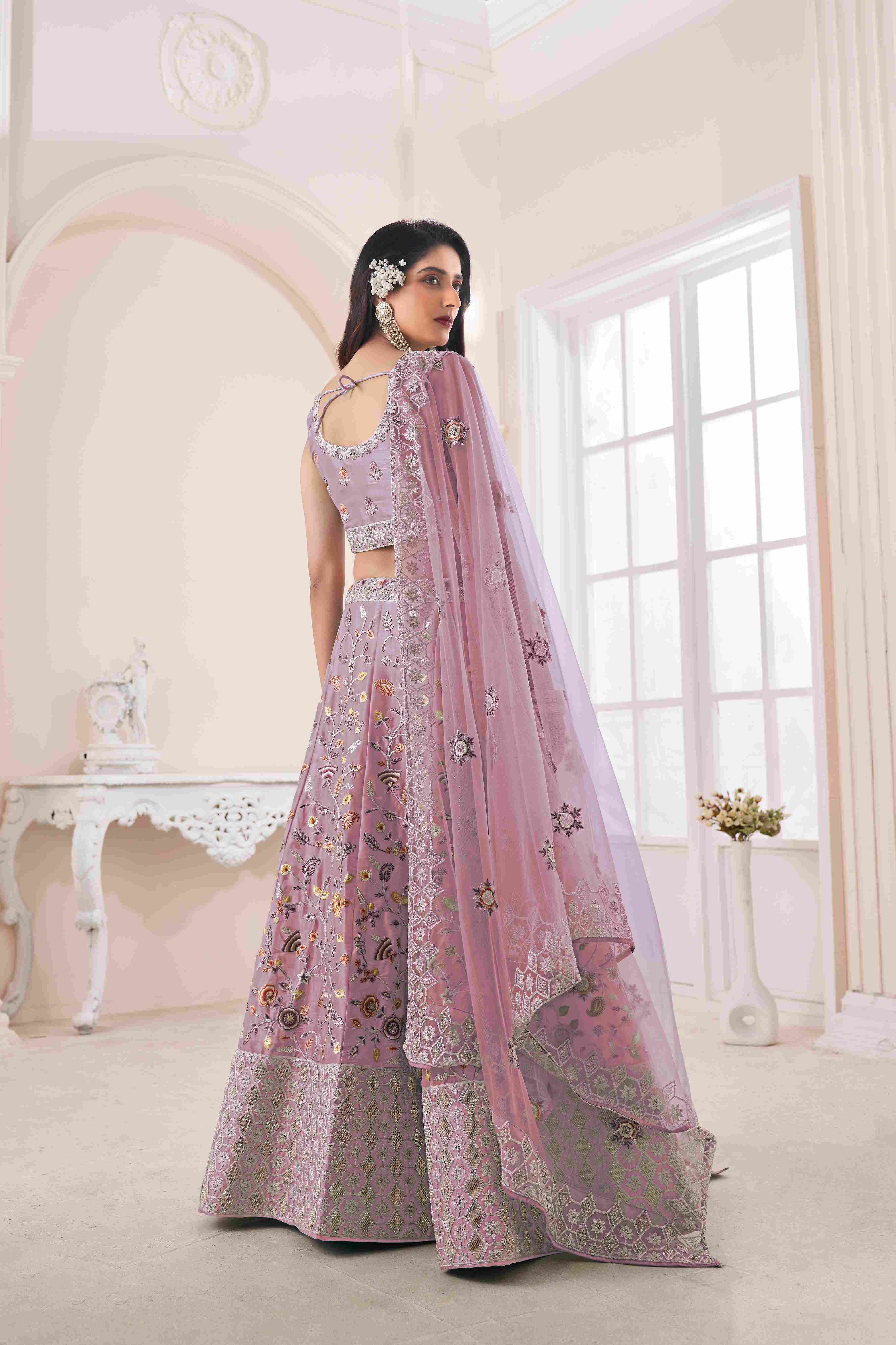 Purple Thread Embroidered Net Lehenga Choli