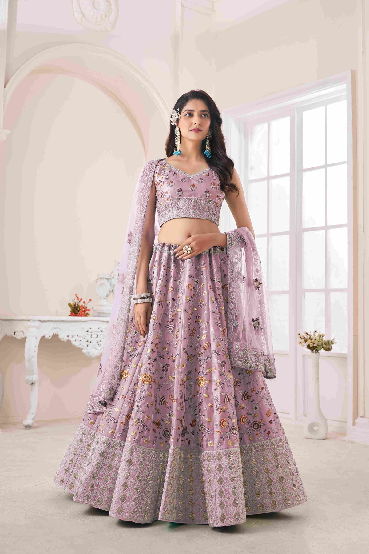 Purple Thread Embroidered Net Lehenga Choli