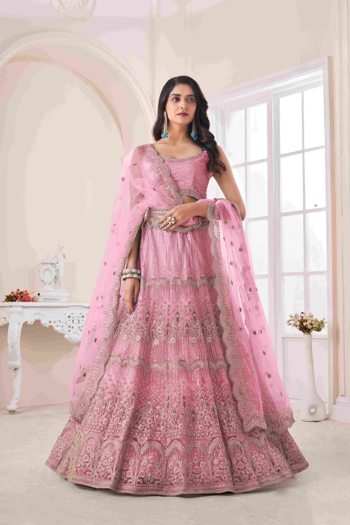 Barbie Pink Thread Embroidered Net Lehenga Choli