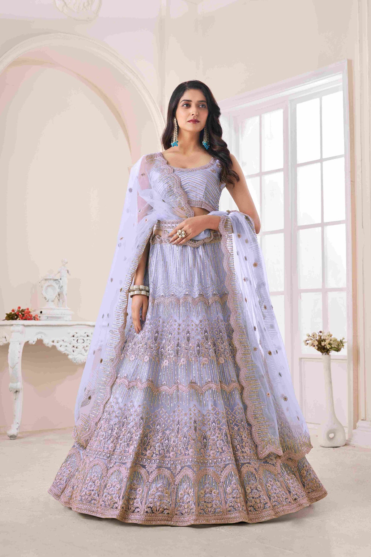 Cobalt Blue Thread Embroidered Net Lehenga Choli