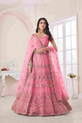 Rouge Pink Thread Embroidered Net Lehenga Choli