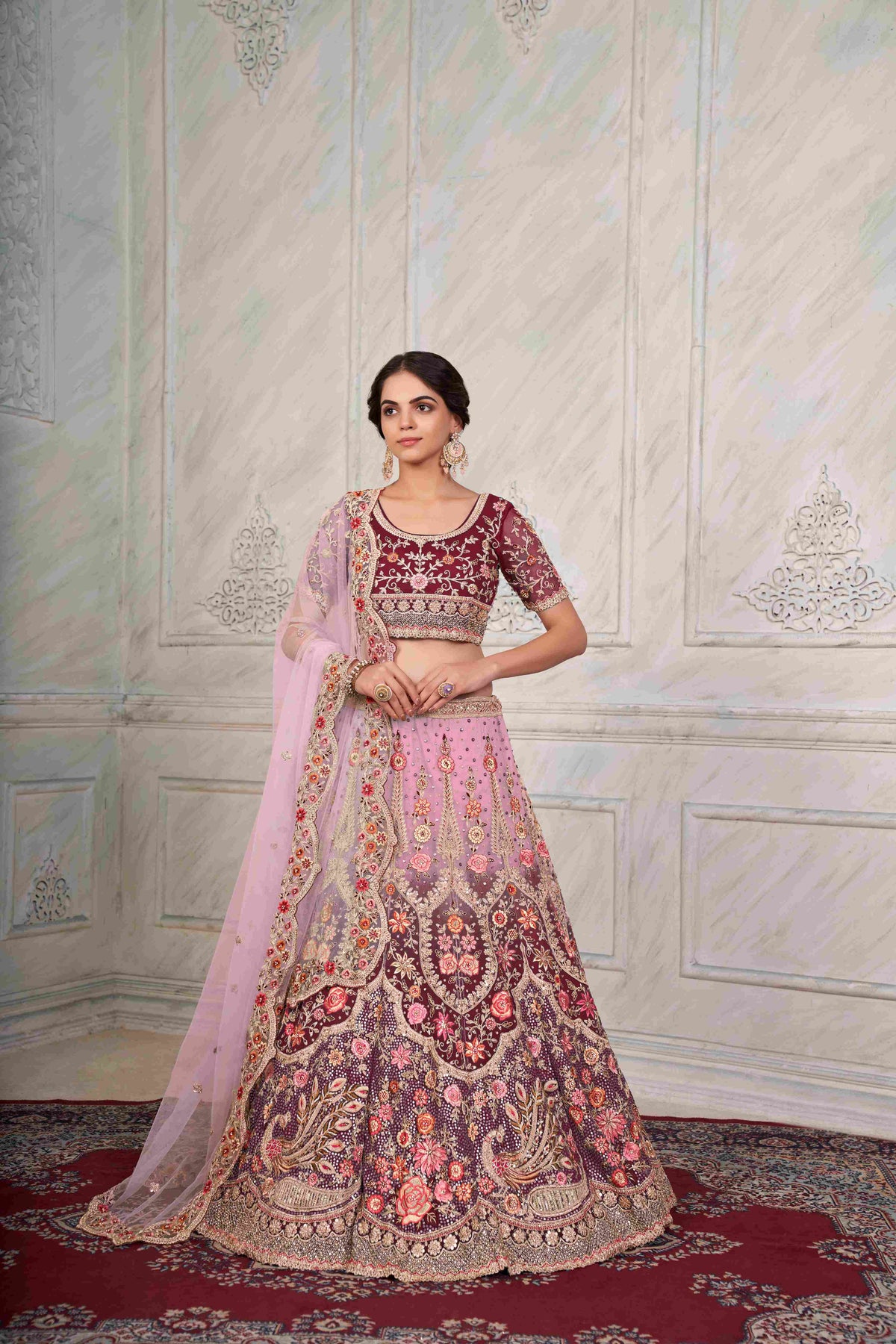 Pink Thread Embroidered Net Lehenga Choli