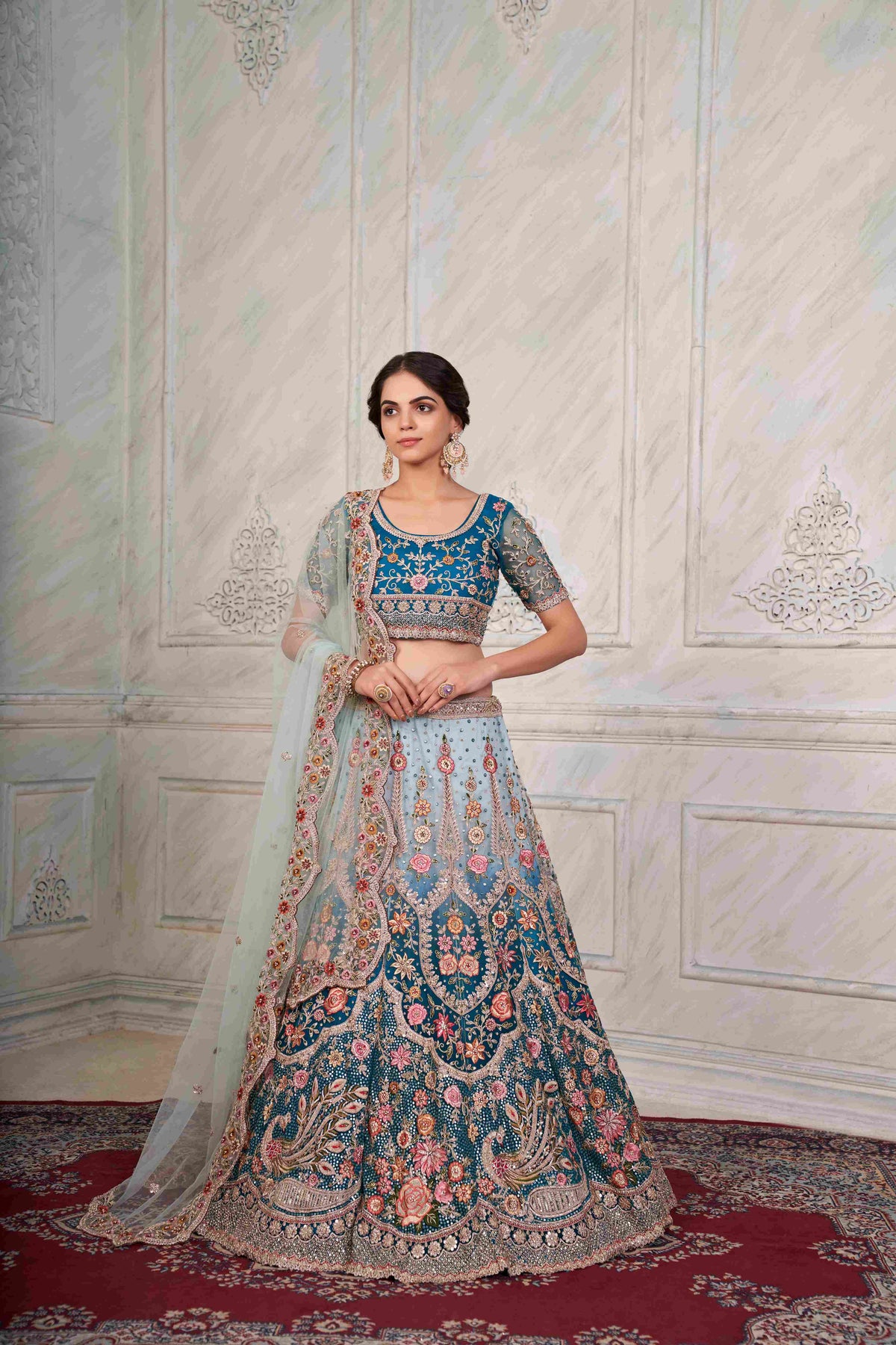 Blue Thread Embroidered Net Lehenga Choli