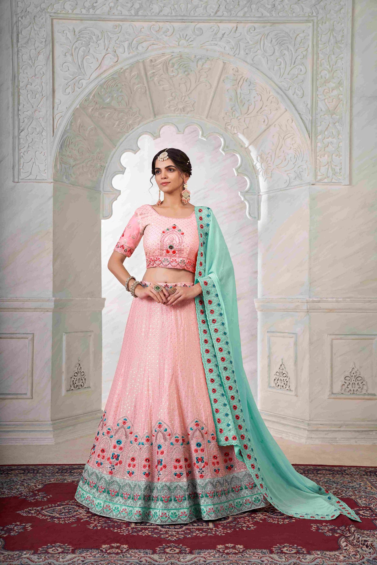 Pink Embroidered Georgette Lehenga Choli