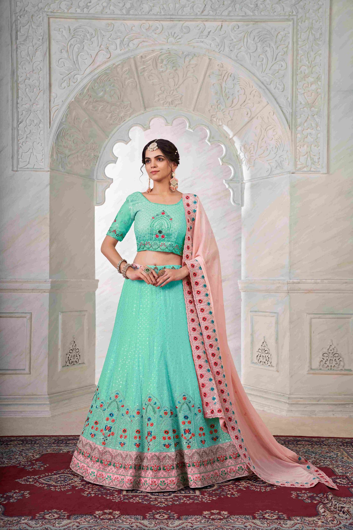 Sea Green Embroidered Georgette Lehenga Choli