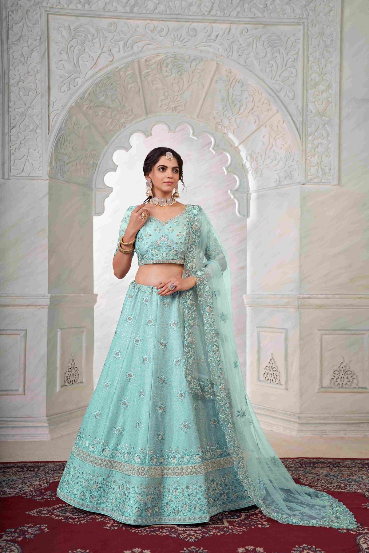 Sea Green Thread Embroidered Net Lehenga Choli