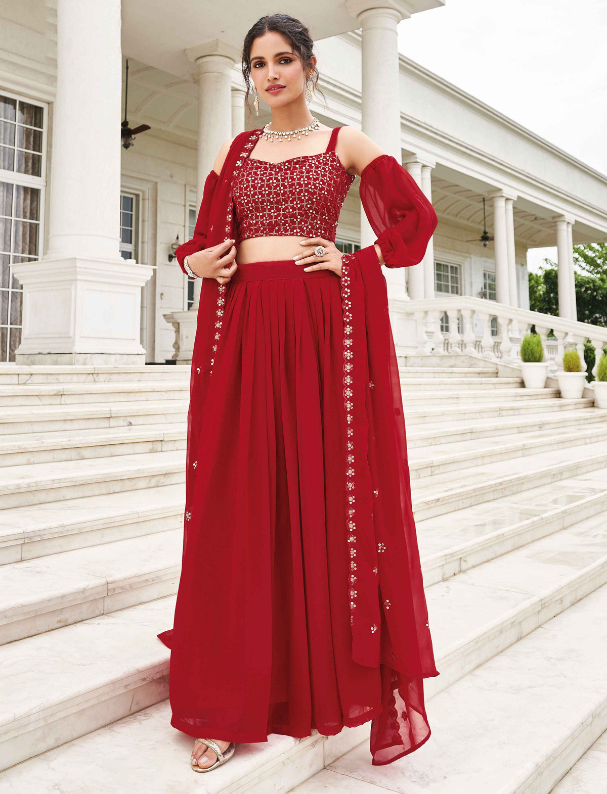 Maroon Thread Sequins Embroidered Faux Georgette Lehenga Choli