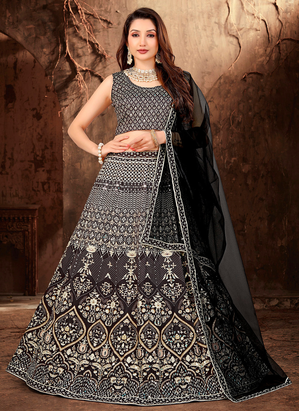 Slate Grey Satin Printed Lehenga Choli