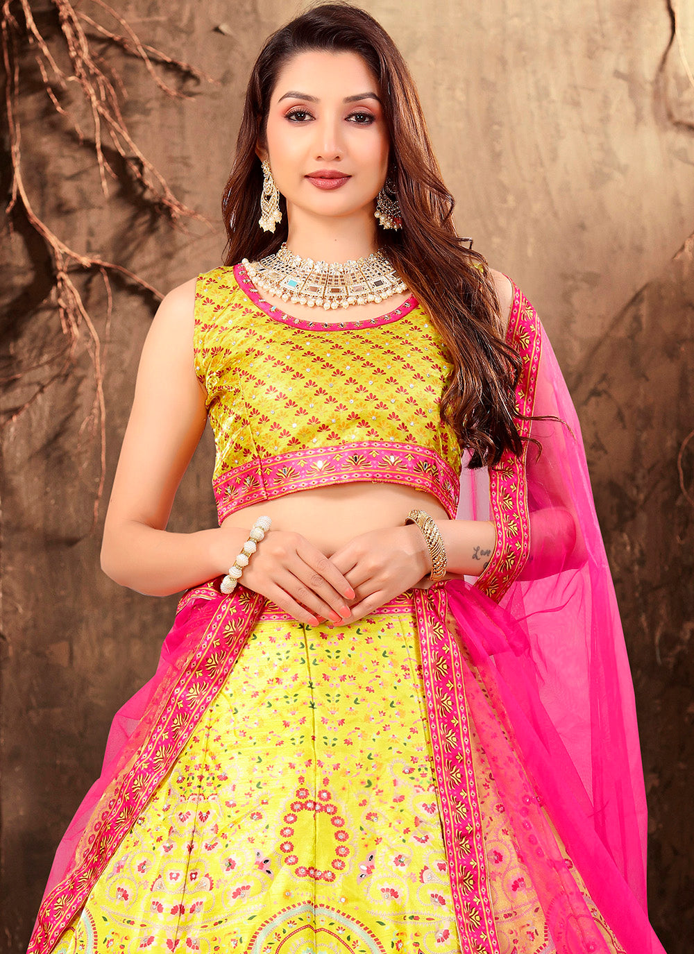 Light Yellow Satin Printed Lehenga Choli