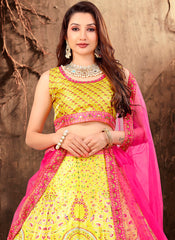 Light Yellow Satin Printed Lehenga Choli