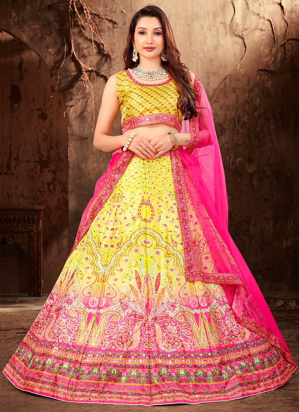 Light Yellow Satin Printed Lehenga Choli