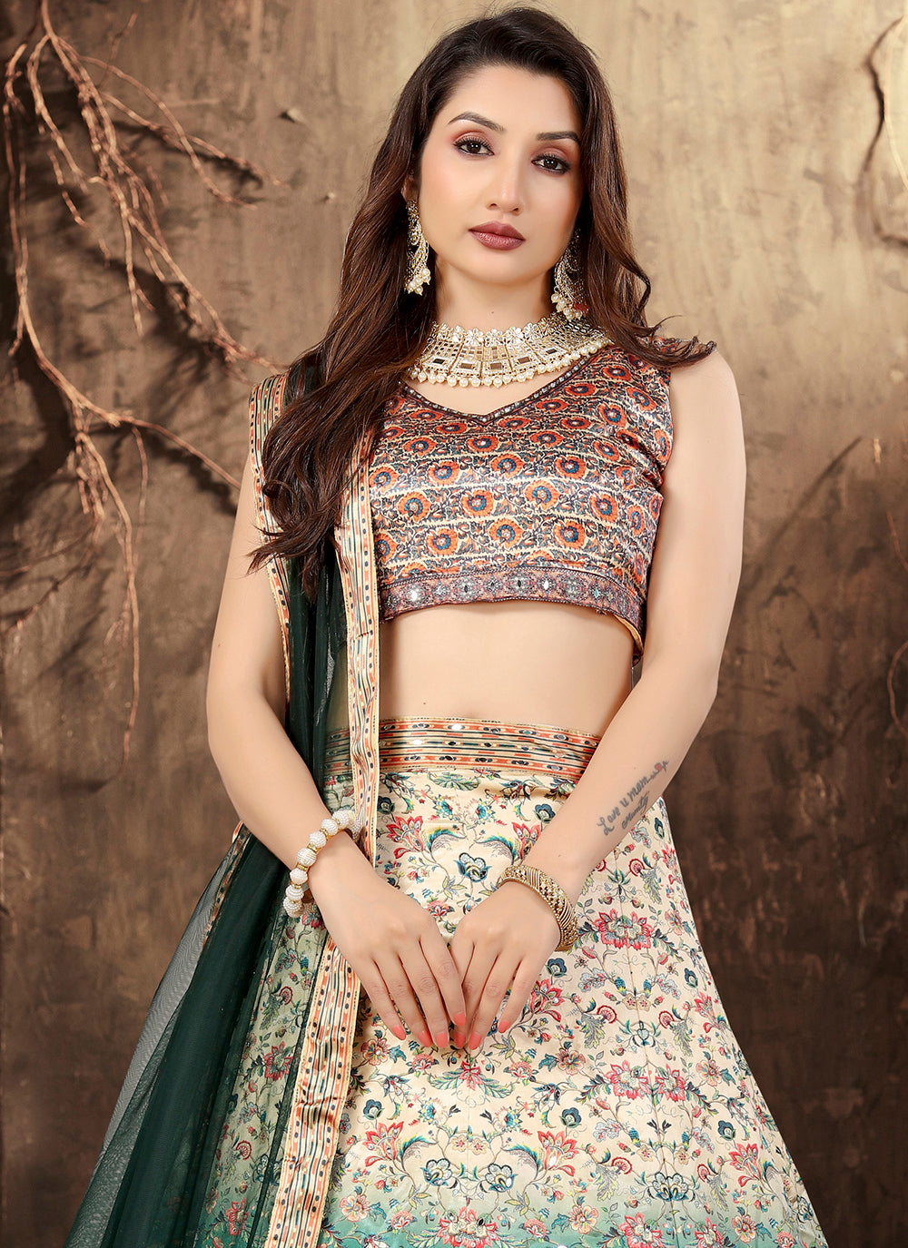 Beige Satin Printed Lehenga Choli