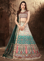 Beige Satin Printed Lehenga Choli