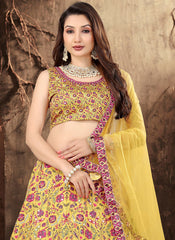 Yellow Satin Printed Lehenga Choli