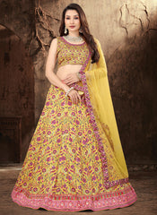 Yellow Satin Printed Lehenga Choli